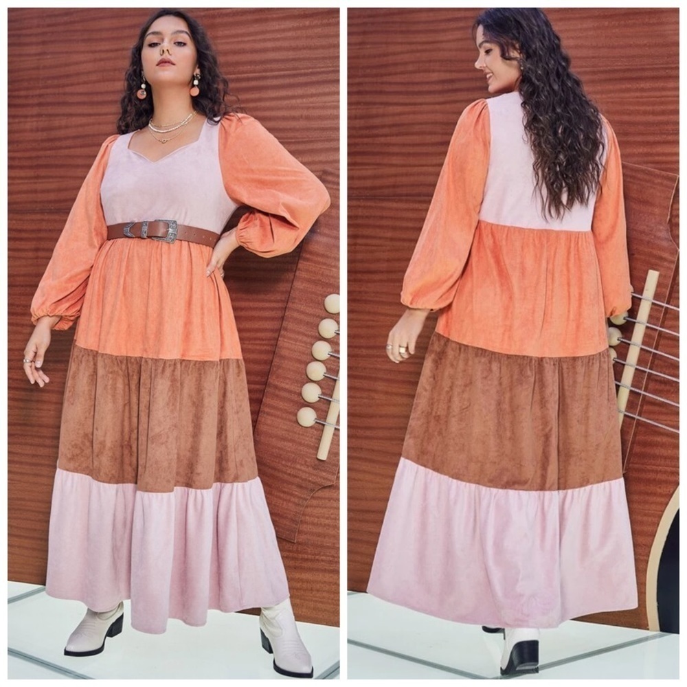 SHEIN Colorblock Tiered Maxi Dress in Peach, Brown & Blush